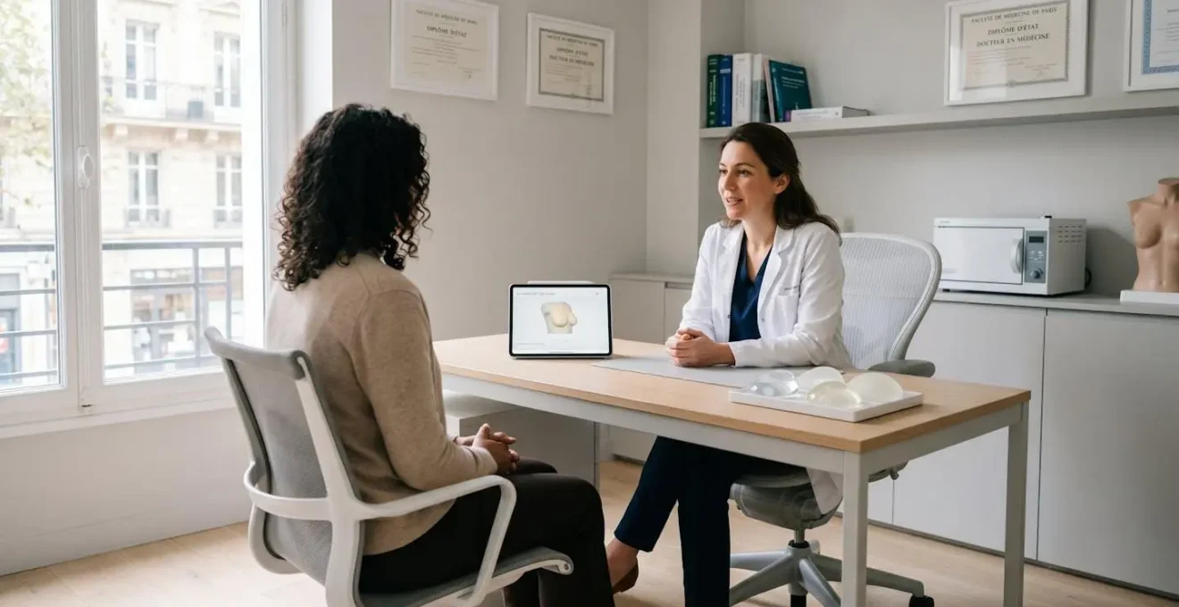 Consultation pré-opératoire d'augmentation mammaire dans cabinet chirurgie esthétique parisien, chirurgienne présentant simulations 3D et échantillons prothèses mammaires à patiente, bureau contemporain épuré avec lumière naturelle