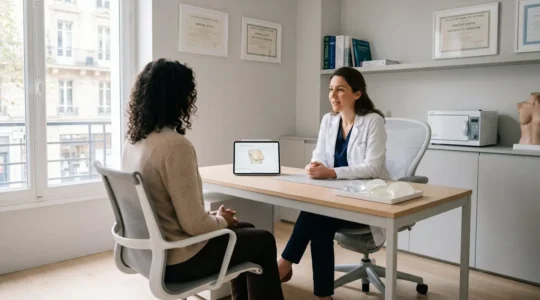 Consultation pré-opératoire d'augmentation mammaire dans cabinet chirurgie esthétique parisien, chirurgienne présentant simulations 3D et échantillons prothèses mammaires à patiente, bureau contemporain épuré avec lumière naturelle