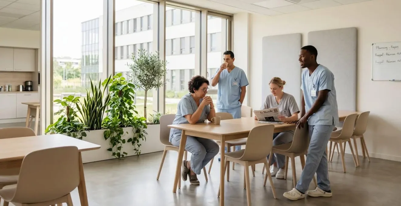 Équipe soignante diversifiée prenant une pause dans un espace de repos hospitalier moderne et lumineux avec végétalisation, lumière naturelle et mobilier ergonomique contemporain
