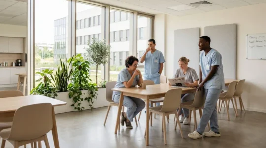 Équipe soignante diversifiée prenant une pause dans un espace de repos hospitalier moderne et lumineux avec végétalisation, lumière naturelle et mobilier ergonomique contemporain