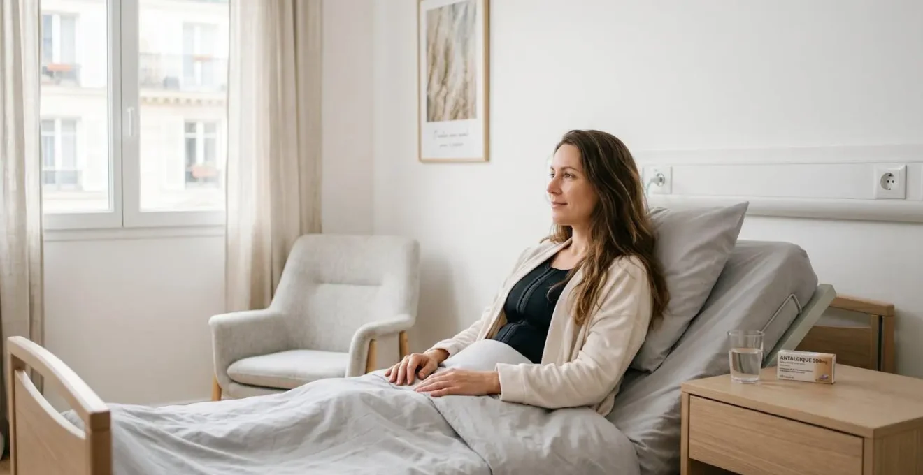 Patiente en récupération post-opératoire J+1 dans chambre clinique parisienne contemporaine, portant soutien-gorge contention médical noir, expression sereine, lumière naturelle douce