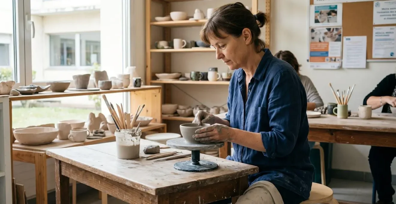 Professionnel de santé modelant de l'argile lors d'un atelier de médiation céramique dans un espace dédié d'un hôpital, lumière naturelle douce, ambiance concentrée et apaisante