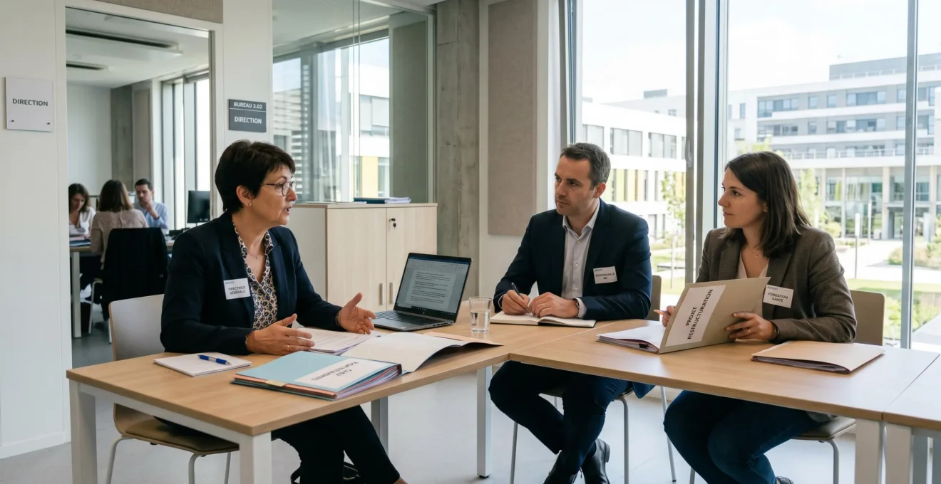 Réunion de travail entre direction hospitalière et représentant de fondation dans un bureau administratif de CHU moderne, documents de projet sur la table, lumière naturelle