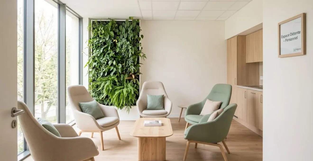 Salle de repos hospitalière rénovée avec grande fenêtre lumineuse, mur végétalisé, mobilier ergonomique contemporain et palette de couleurs apaisantes