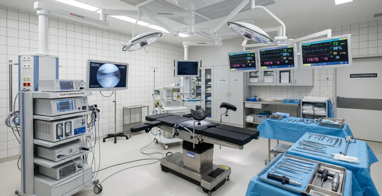 Bloc opératoire moderne équipé pour la chirurgie orthopédique avec matériel arthroscopique et monitoring spécialisé