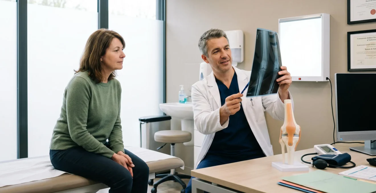 Chirurgien orthopédiste examinant des radiographies avec un patient dans un cabinet médical moderne équipé de matériel spécialisé