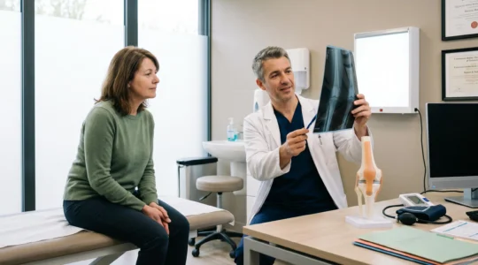 Chirurgien orthopédiste examinant des radiographies avec un patient dans un cabinet médical moderne équipé de matériel spécialisé