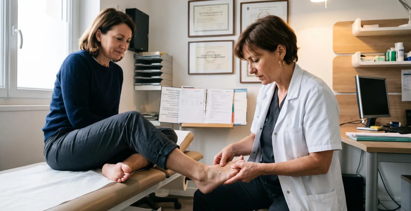 Chirurgien orthopédiste examinant le pied d'une patiente en cabinet médical, palpant la zone de l'hallux valgus durant une consultation pré-opératoire