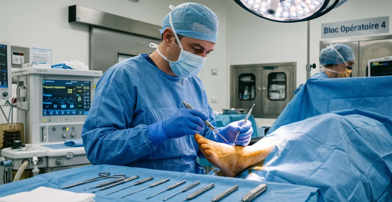 Chirurgien orthopédiste en tenue stérile préparant une intervention percutanée mini-invasive sur un pied dans une salle d'opération moderne, instrumentation spécialisée visible au premier plan