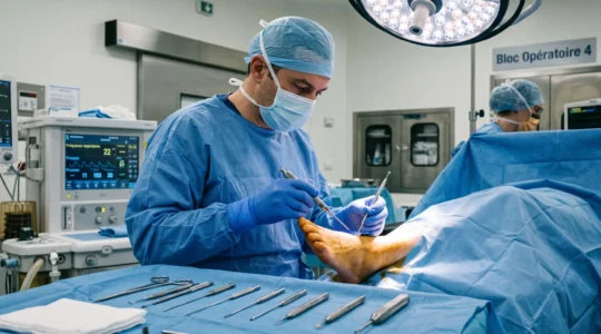 Chirurgien orthopédiste en tenue stérile préparant une intervention percutanée mini-invasive sur un pied dans une salle d'opération moderne, instrumentation spécialisée visible au premier plan