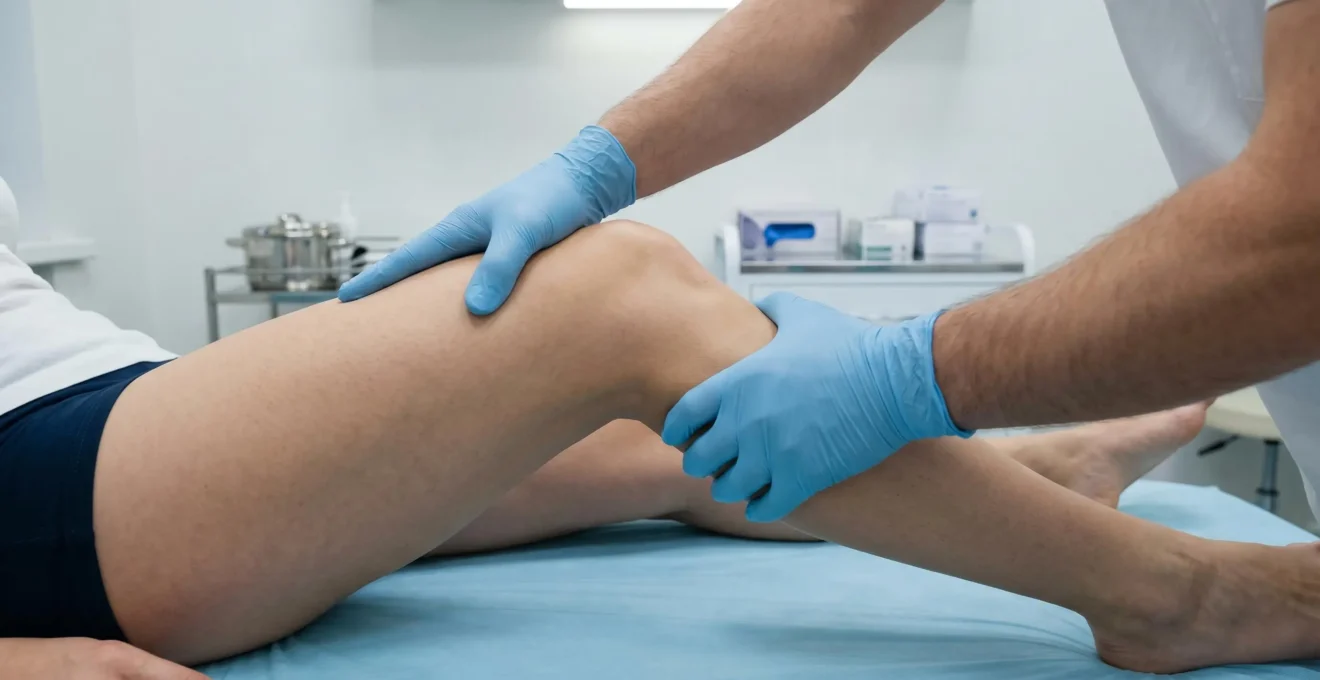 Mains d'un médecin orthopédiste effectuant un test clinique de stabilité du genou sur un patient