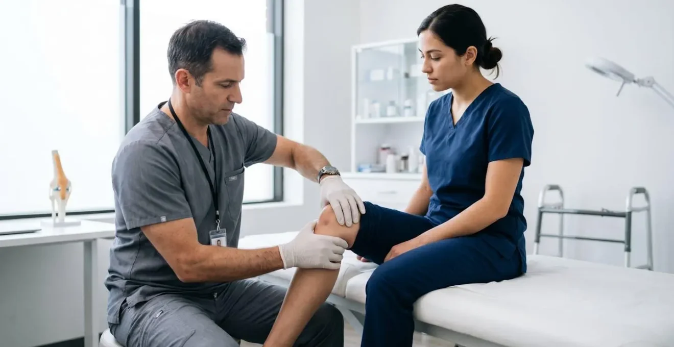 Orthopédiste examinant le genou d'un patient lors d'une consultation dans un cabinet médical moderne