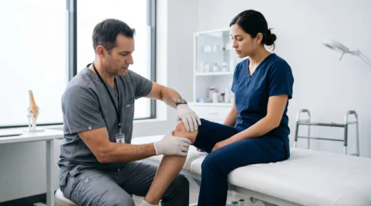 Orthopédiste examinant le genou d'un patient lors d'une consultation dans un cabinet médical moderne