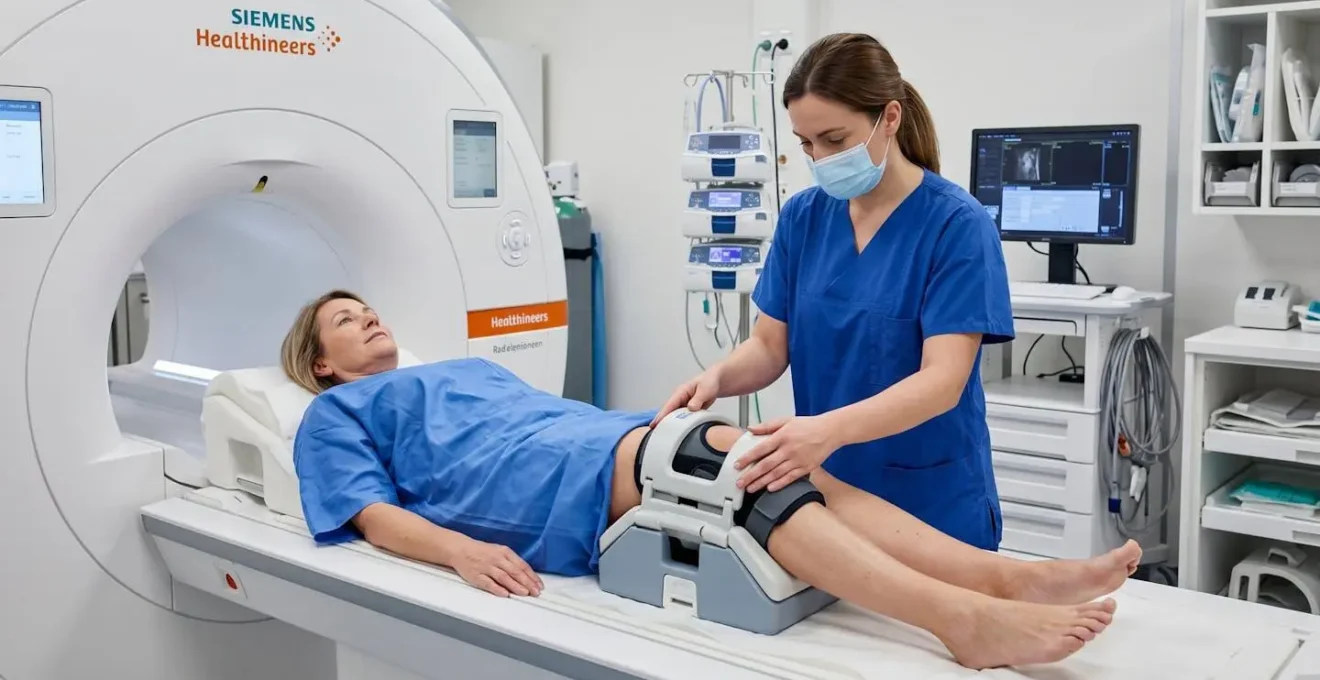 Patient se préparant pour un examen IRM du genou dans un service de radiologie moderne