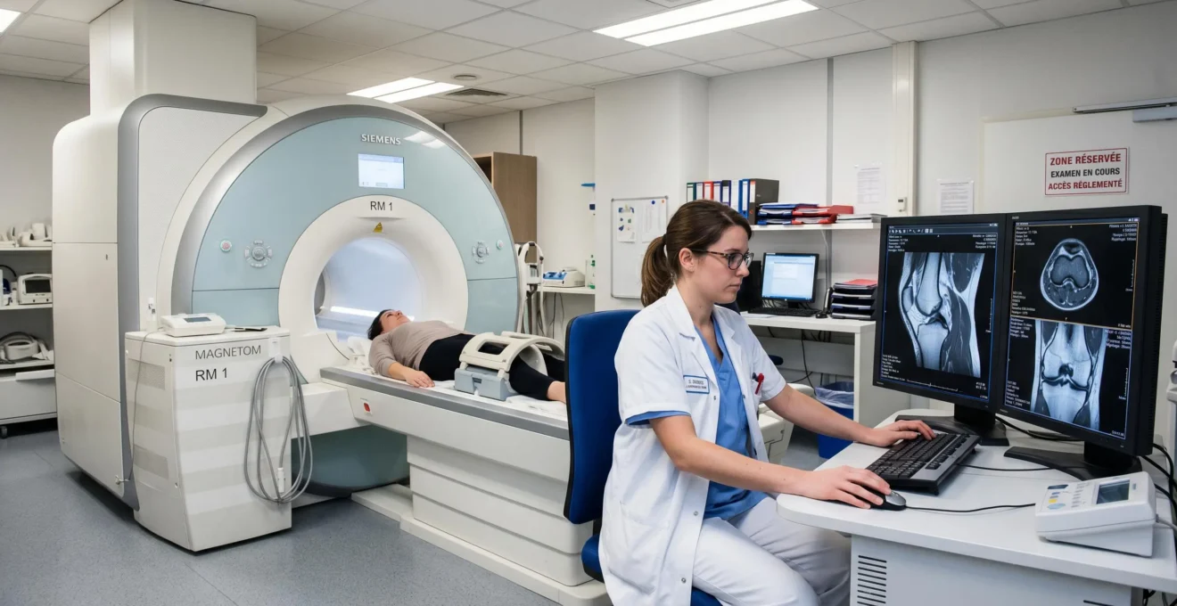 Salle d'IRM moderne avec technicien préparant un examen du genou, écrans affichant des images médicales détaillées