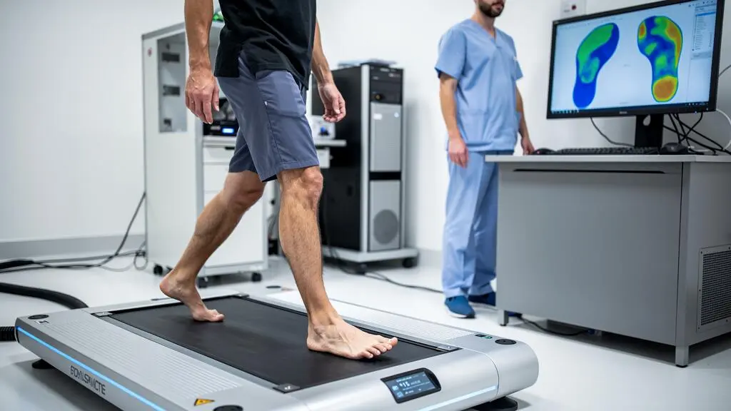 Un patient marchant sur une plateforme d'analyse podométrique observé par un spécialiste biomécanique