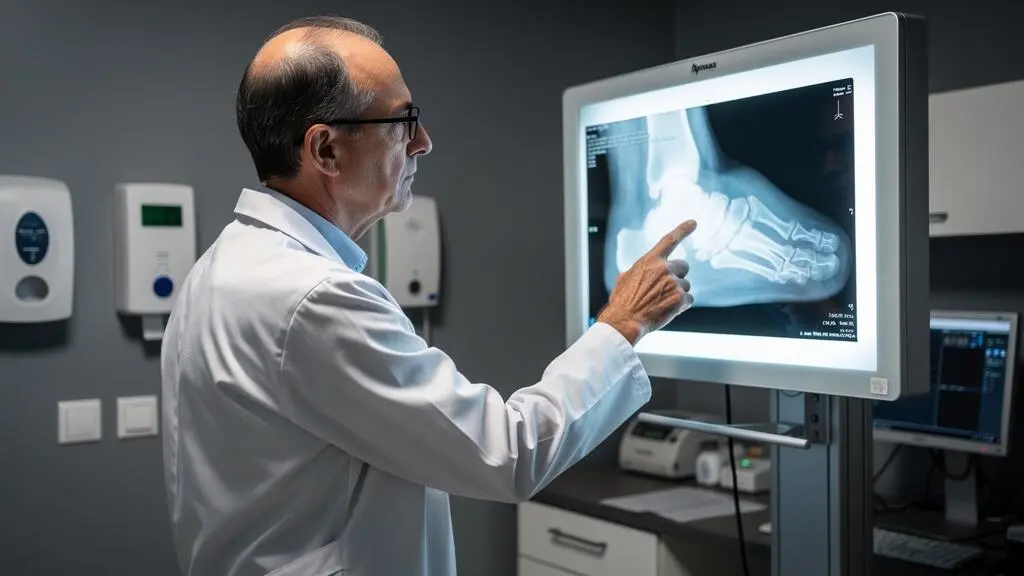 Un chirurgien orthopédiste analysant une radiographie du pied sur un négatoscope médical