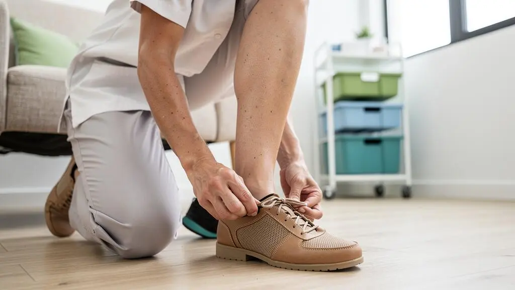 Un podologue ajustant une semelle orthopédique dans la chaussure d'un patient debout