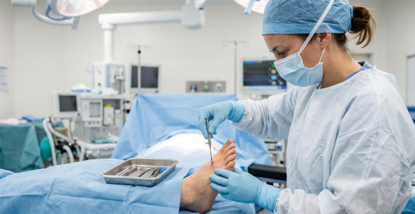 Un chirurgien opère un hallux valgus par technique mini-invasive dans un bloc opératoire.
