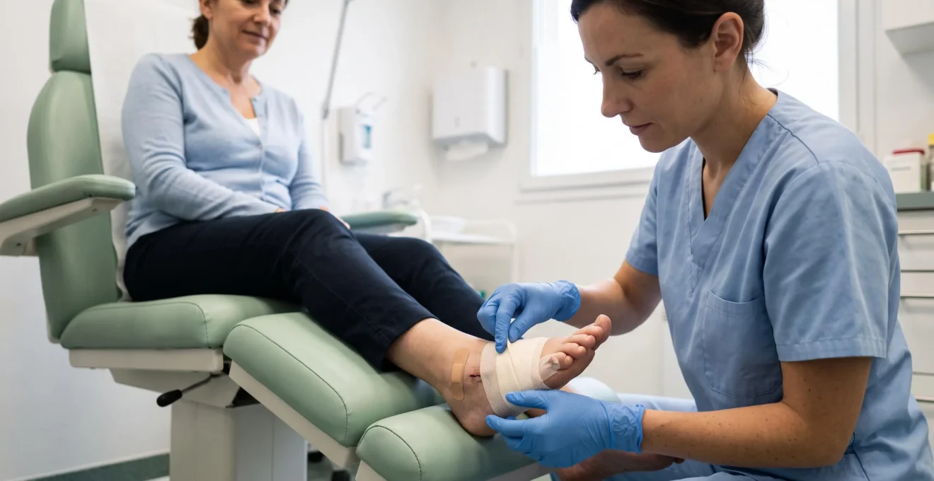 Une soignante vérifie le pansement du pied d'un patient lors d'un contrôle post-opératoire.
