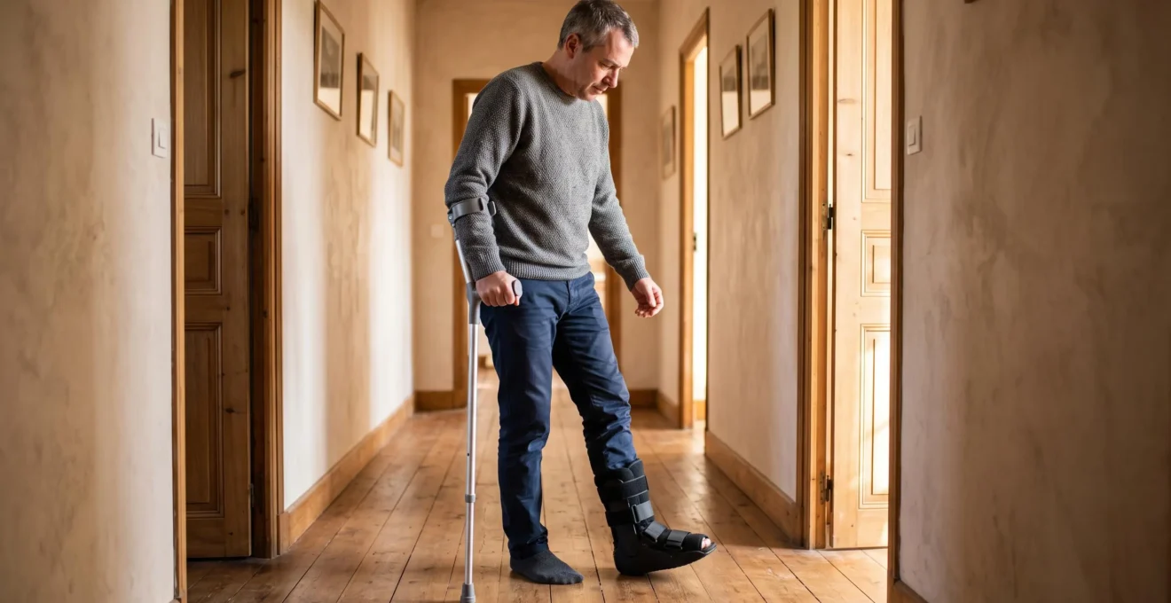 Un patient remarche avec une chaussure post-opératoire et une béquille dans le couloir de son domicile.